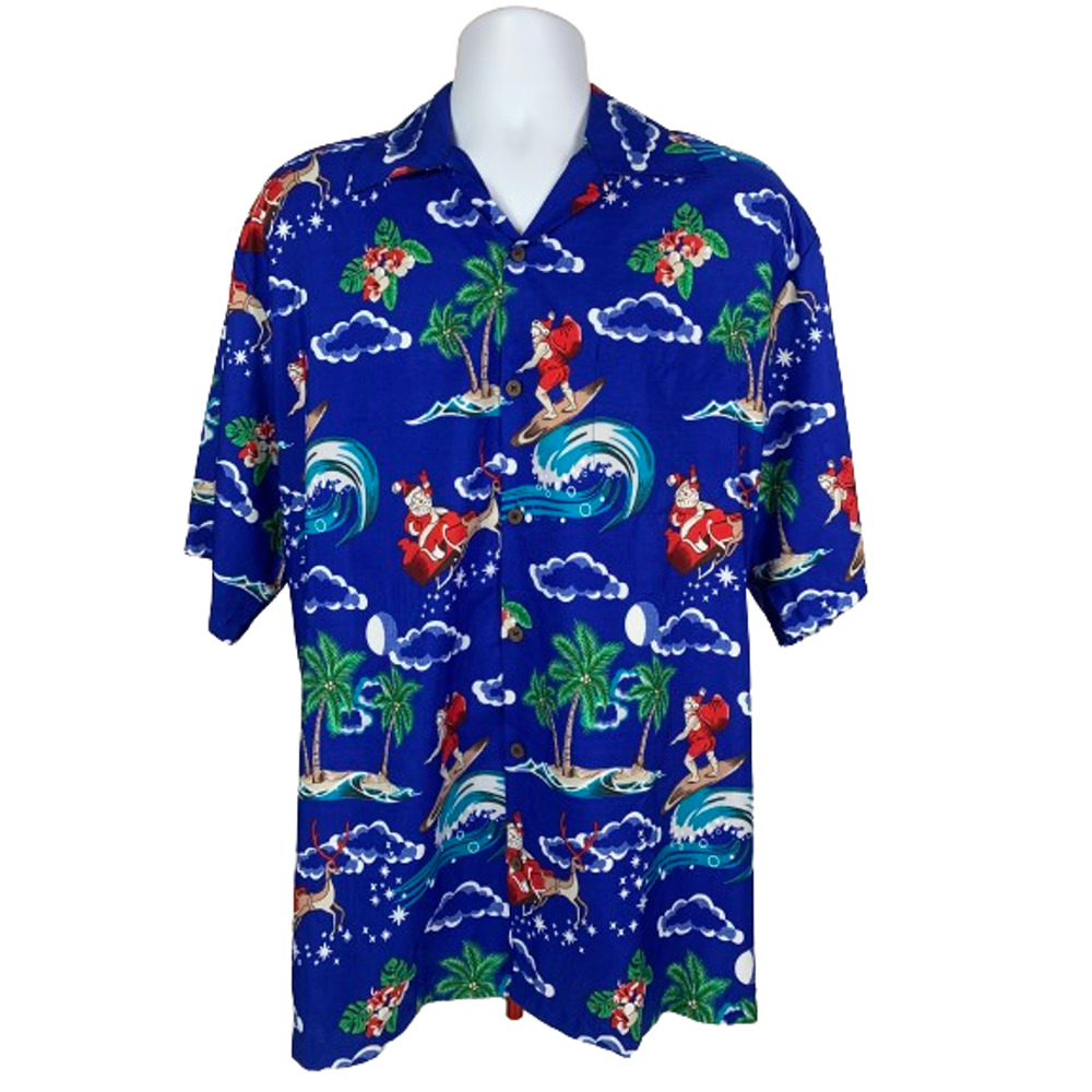 Alvish Mens 2XL Surfing Santa Christmas Aloha Hawaiian Button Down Shirt